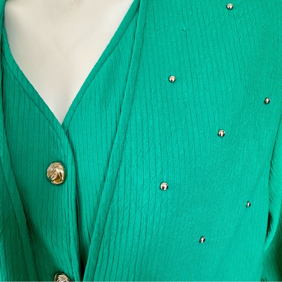 VTG Versatile Green Textured Vest/Jacket All-in-One Top w/Gold Buttons and Studs - Picture 2 of 14